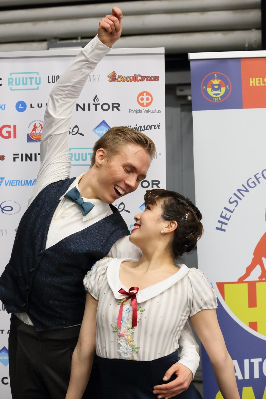 Yuka Orihara ja Juho Pirinen ennätysvauhdissa taitoluistelun SM-kilpailuissa 2020. 