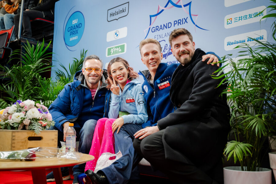 Maurizio Margaglio (vas.), Yuka Orihara, Juho Pirinen ja Neil Brown. Finlandia Trophy GP Helsinki 2024, jäätanssin lyhyttanssi.