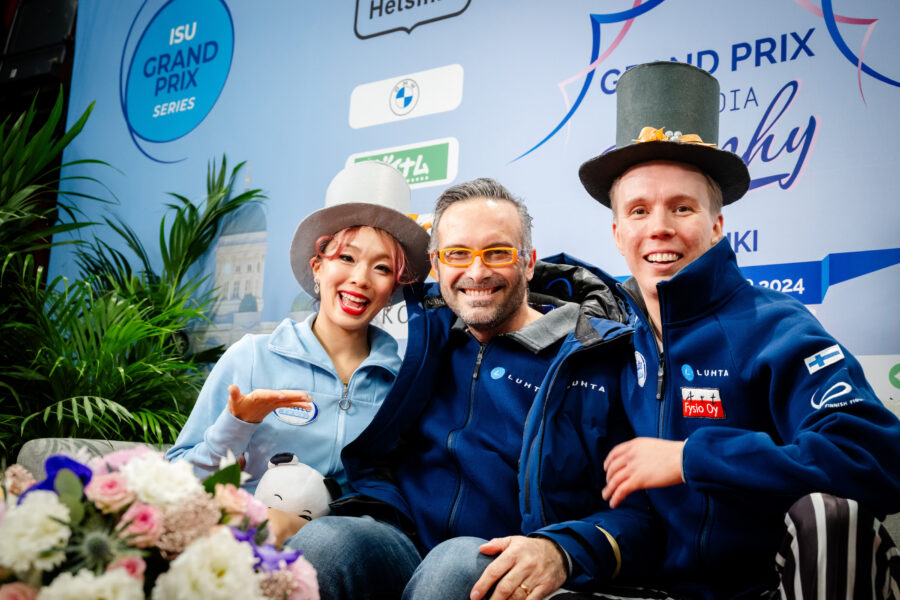 Maurizio Margaglio (kesk..), Yuka Orihara, Juho Pirinen . Finlandia Trophy GP Helsinki 2024, jäätanssin vapaatanssi