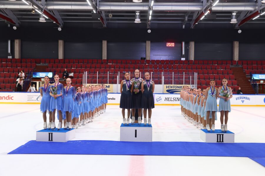 SM-noviisien 1 lohkon valintakilpailun voitti Helsingfors Skridskoklubbin Team Dynamique 85,65 pisteellä. Helsingin Luistelijoiden Starlights oli toinen pistein 82,94 ja Kaarinan Taitoluistelijoiden Diamond Edges kolmas 80,60 pisteellä.